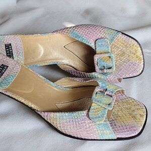 Stuart Weitzman Pink Purple Snake Print Buckle Heels Sandals Mules Women's 8B